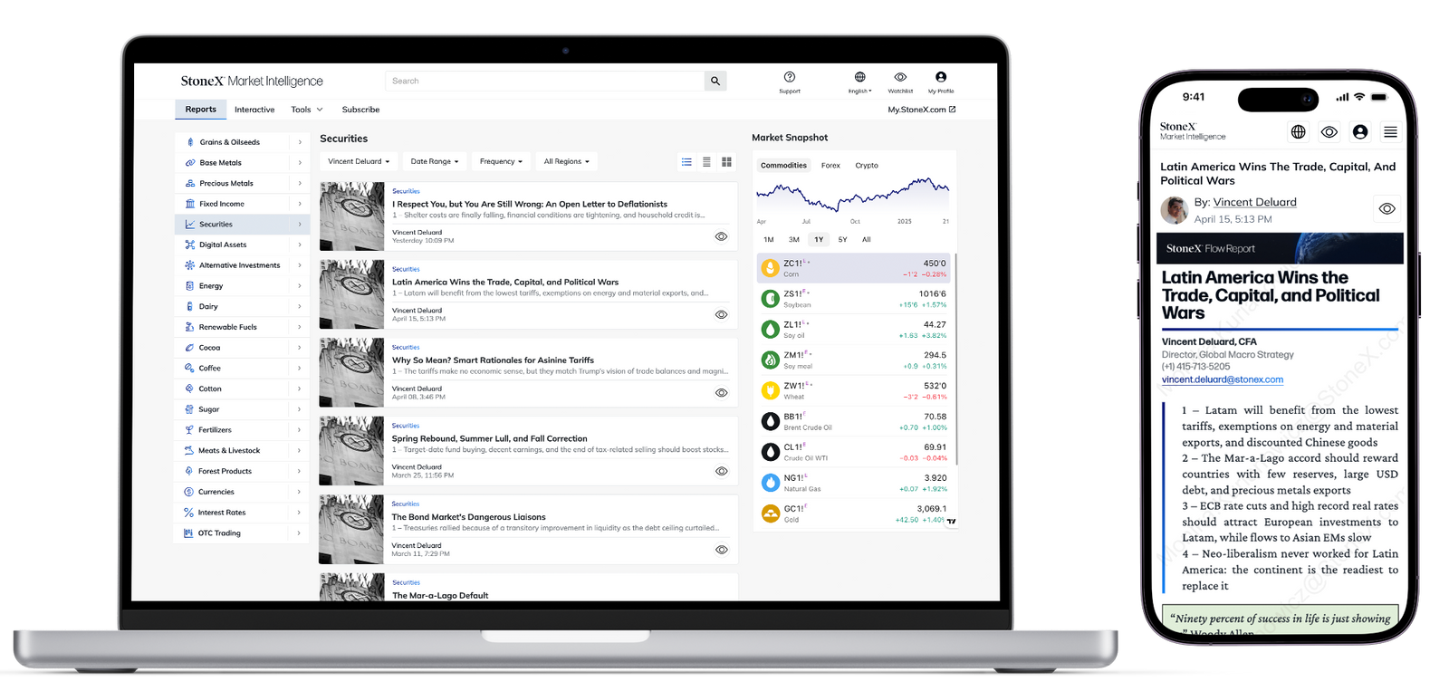 User interface showing the StoneX Market Intelligence platform with market summaries, commodity price trends, expert commentary, and news articles displayed on laptop and smartphone screens, highlighting detailed market reports and insights.
