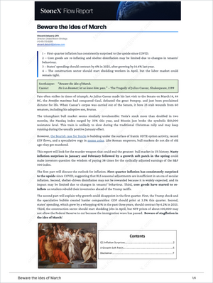 Global Macro Insights by Vincent Deluard cover page featuring a market analysis report titled "Beware the Ides of March" with inflation forecasts, economic outlook, and expert commentary for Market Reports Subscriptions. Expert insights and exclusive market analysis. - report example 1