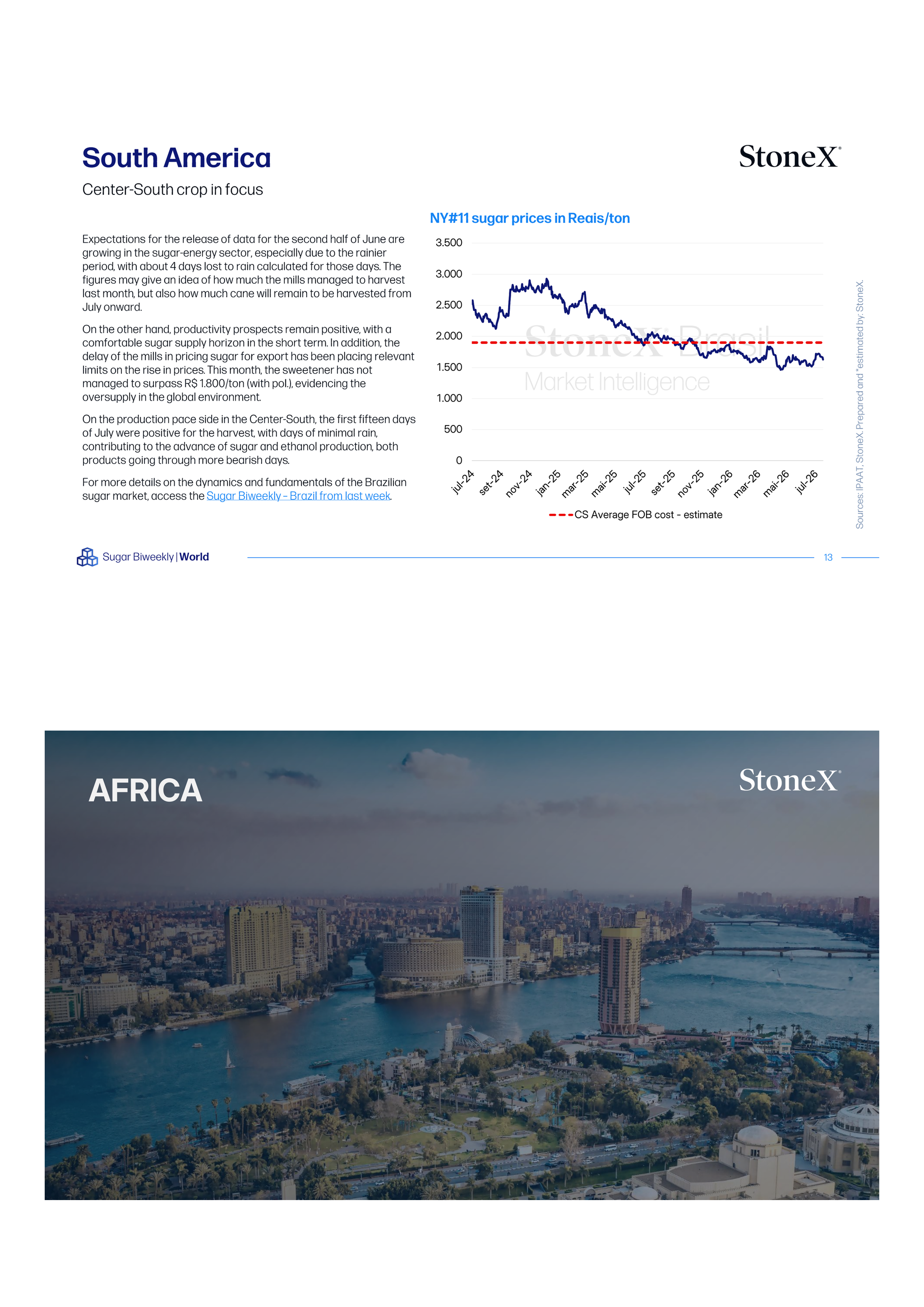 Sugar Market Reports | Premium pages featuring South America sugar price trends in Reais per ton with market analysis and an Africa regional overview image by StoneX.