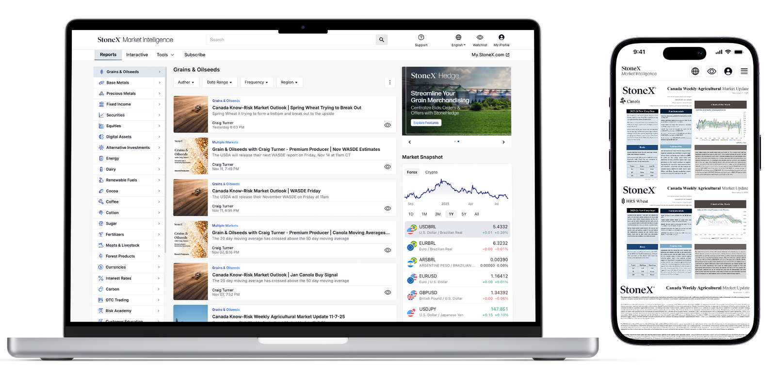 Wide view of a laptop displaying a market intelligence dashboard with commodity reports, price trend charts, and market snapshot data alongside a smartphone showing commodity news articles and detailed market analysis.