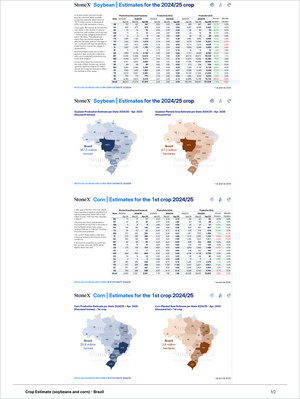 Data-driven crop estimates for soybeans and first corn crop in Brazil featuring regional maps with production and planted area statistics, part of Grãos Premium - Relatórios de Mercado, Market Reports Subscriptions with expert insights and exclusive market analysis. - report example 2