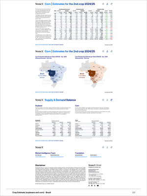 Detailed tables and regional maps presenting the latest crop estimates for Brazil’s second corn harvest 2024/25, alongside supply and demand balance data for soybeans and corn, part of Grãos Premium - Relatórios de Mercado offering Market Reports Subscriptions. Expert insights and exclusive market analysis. - report example 3
