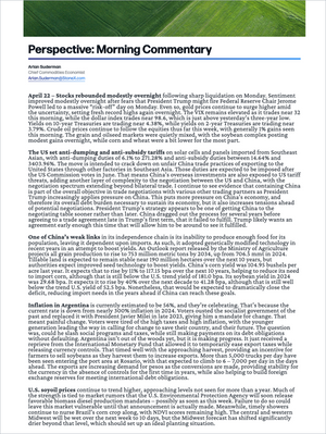 Grãos Premium - Relatórios de Mercado showcasing a detailed morning market commentary with expert analysis on stock rebounds, U.S. trade policies, China’s grain production, inflation trends, and commodity market outlook. Market Reports Subscriptions. Expert insights and exclusive market analysis. - report example 2