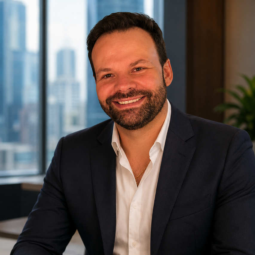 Man with short dark hair and trimmed beard wearing a navy blazer and white shirt, smiling warmly in a modern office setting with a blurred cityscape visible through large windows.