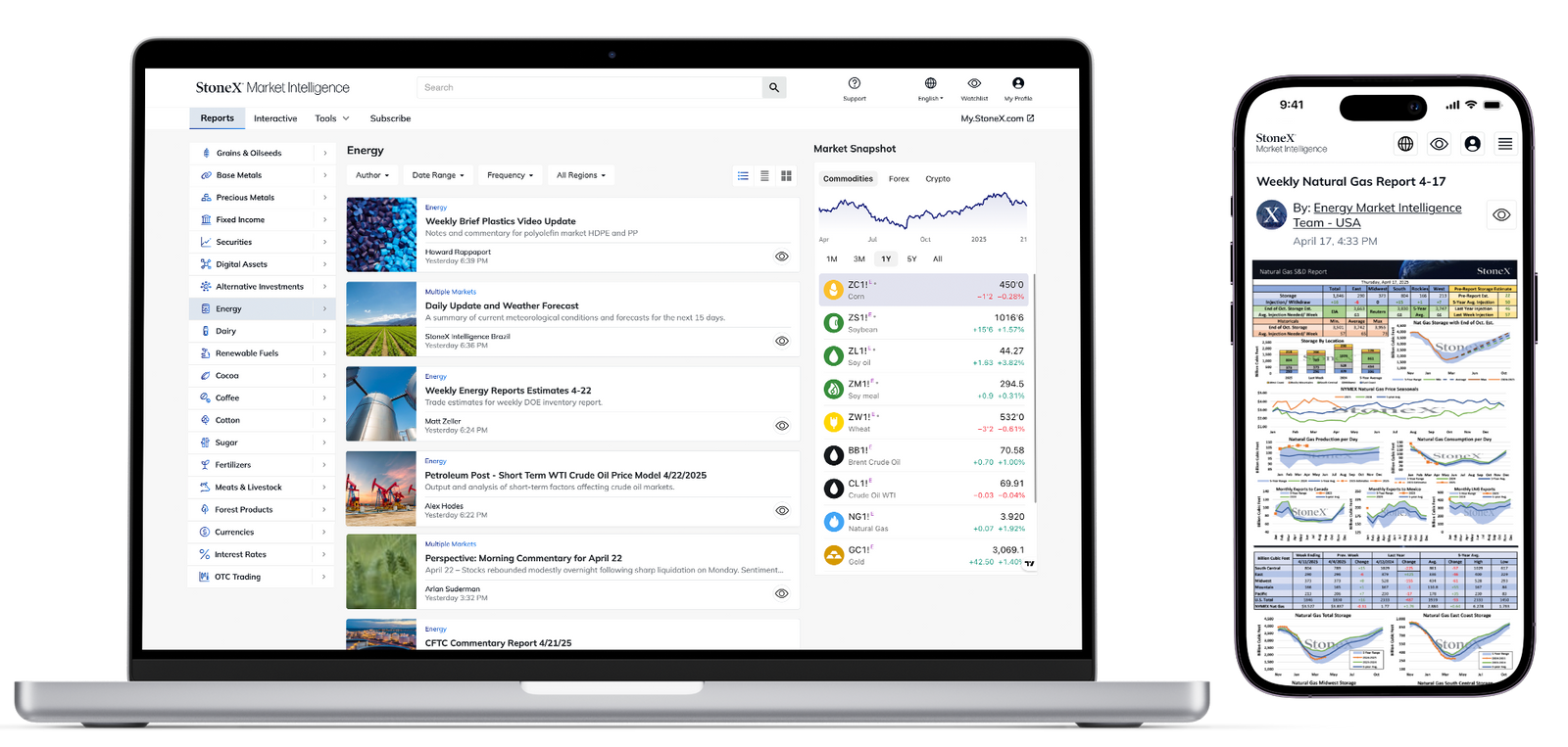Laptop and smartphone displaying StoneX Market Intelligence platform with energy market reports, price charts, daily updates, and market snapshot analytics on a clear interface.