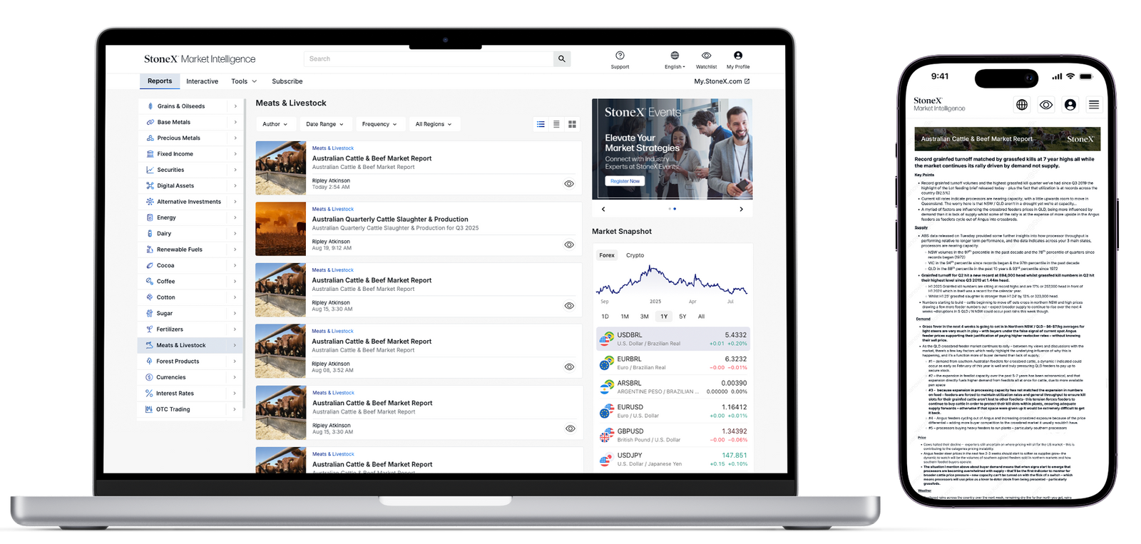 Interface showing a Market Intelligence platform on a laptop with a list of Australian cattle and sheep market reports including dates and images, alongside a smartphone displaying a detailed market analysis document for expert insights and exclusive market analysis.
