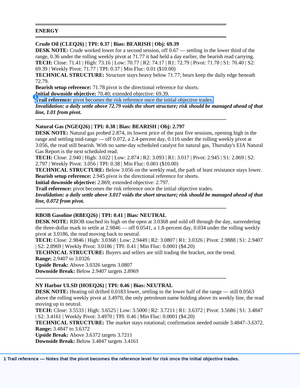 Screenshot of Morning Commodity Insight by Eli Tesfaye - Technical Analysis Report Subscription displaying detailed technical market analysis, pivot points, bias, and risk management notes for energy futures including Crude Oil, Natural Gas, RBOB Gasoline, and NY Harbor ULSD. - report example 7