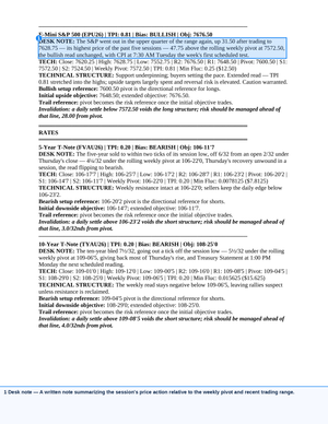 Screenshot of Morning Commodity Insight by Eli Tesfaye - Technical Analysis Report Subscription displaying detailed technical summaries with market bias, key price levels, pivot points, and risk management guidance for major US Treasury note futures including 5-year, 10-year, and E-Mini S&P 500 contracts. - report example 10