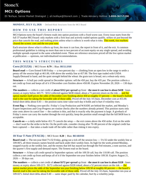 Screenshot of Morning Commodity Insight by Eli Tesfaye - Technical Analysis Report Subscription showing defined-risk option positions with market bias, price levels, and risk metrics for Corn and 10-Year T-Note futures, including detailed commentary on spreads, premiums, and potential risks. - report example 13