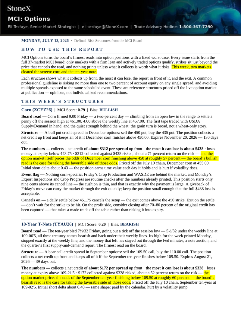 Screenshot of Morning Commodity Insight by Eli Tesfaye - Technical Analysis Report Subscription showing defined-risk option positions with market bias, price levels, and risk metrics for Corn and 10-Year T-Note futures, including detailed commentary on spreads, premiums, and potential risks.