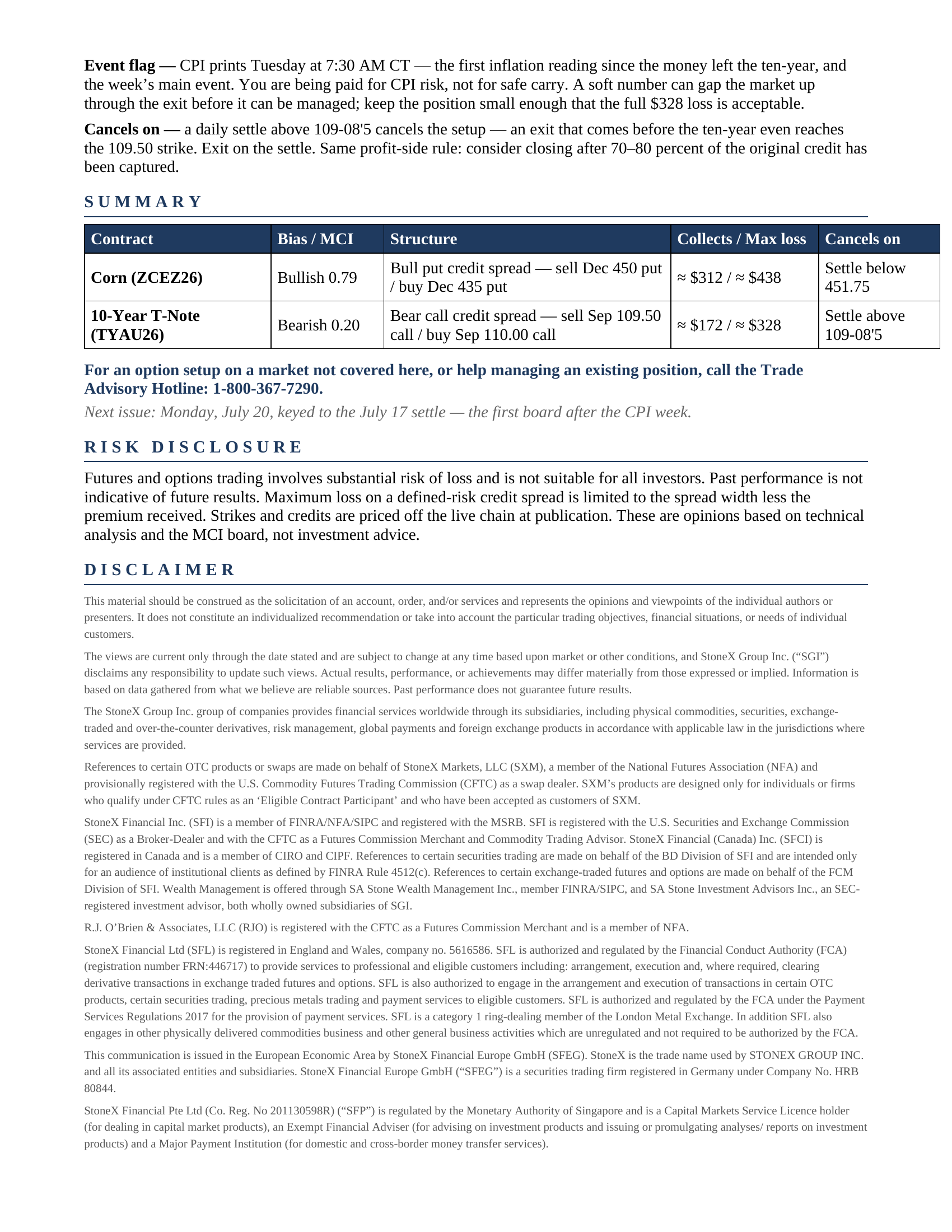 Screenshot of Morning Commodity Insight by Eli Tesfaye - Technical Analysis Report Subscription showing a detailed table summarizing bullish and bearish option spreads, bias scores, risk disclosures, disclaimers, and guidance for managing futures option positions on Corn and 10-Year T-Note contracts.