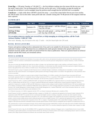 Screenshot of Morning Commodity Insight by Eli Tesfaye - Technical Analysis Report Subscription showing a detailed table summarizing bullish and bearish option spreads, bias scores, risk disclosures, disclaimers, and guidance for managing futures option positions on Corn and 10-Year T-Note contracts. - report example 14