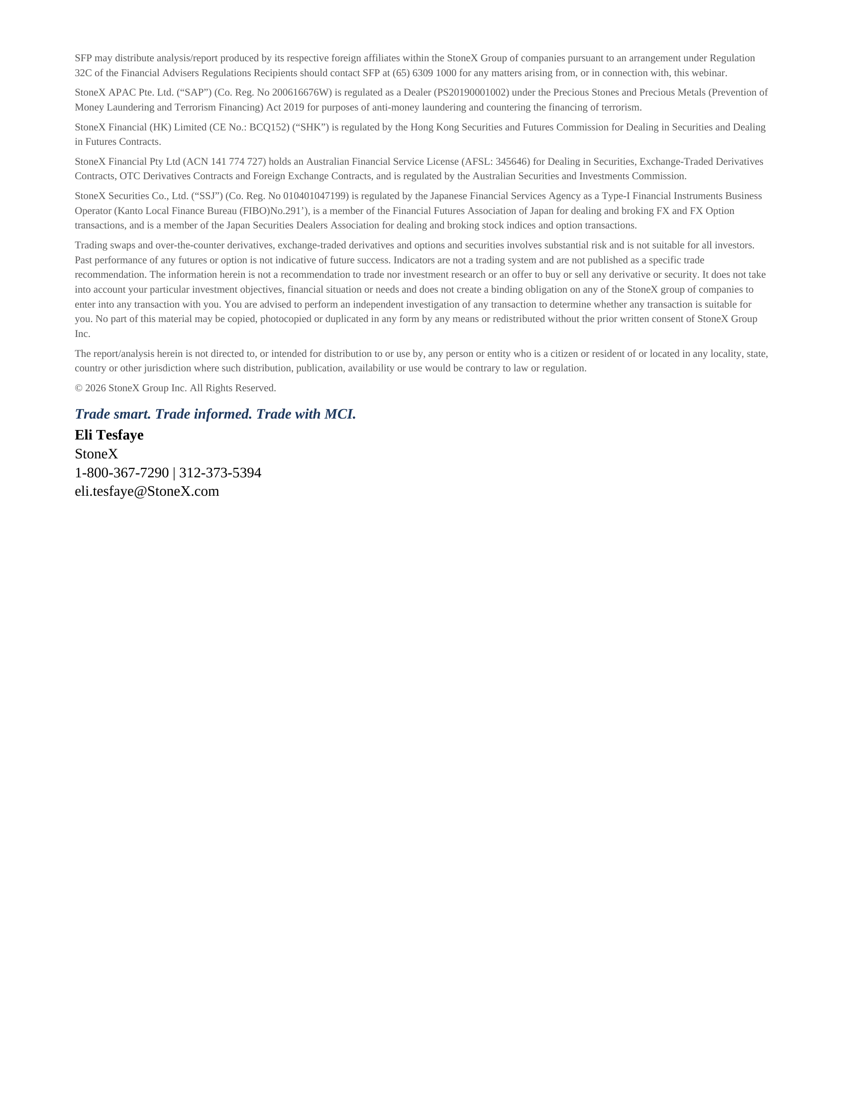 Screenshot of the disclaimer and regulatory information page from Morning Commodity Insight by Eli Tesfaye - Technical Analysis Report Subscription, detailing compliance notices, risk disclosures, and contact information for futures trading guidance.