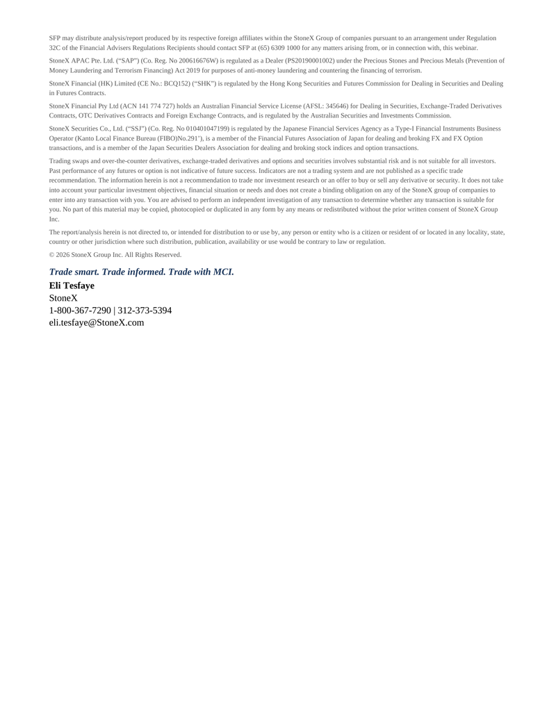 Screenshot of the disclaimer and regulatory information page from Morning Commodity Insight by Eli Tesfaye - Technical Analysis Report Subscription, detailing compliance notices, risk disclosures, and contact information for futures trading guidance.