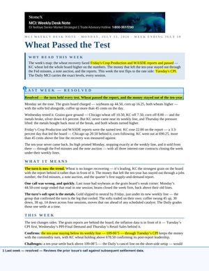 Screenshot of Morning Commodity Insight by Eli Tesfaye - Technical Analysis Report Subscription showing a detailed weekly desk note discussing the wheat market recovery, crop production and WASDE reports, CPI impact, market trends, and confirmed technical analysis with highlighted key points for active futures traders. - report example 16