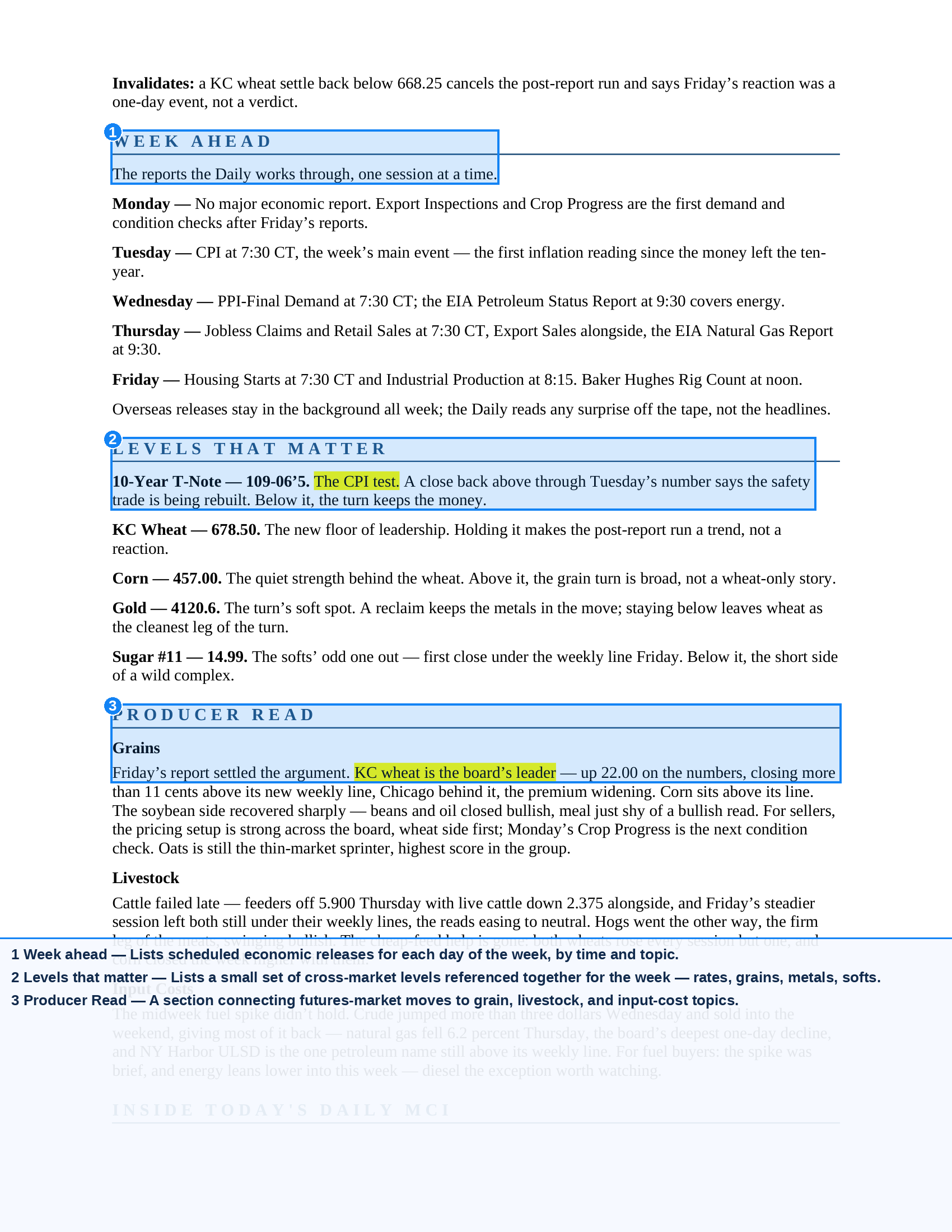 Screenshot of Morning Commodity Insight by Eli Tesfaye - Technical Analysis Report Subscription showing a detailed weekly outlook with scheduled economic reports, key commodity levels, price action analysis on grains and livestock, and market commentary providing technical insights and exclusive desk notes for active futures traders.