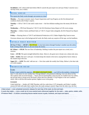 Screenshot of Morning Commodity Insight by Eli Tesfaye - Technical Analysis Report Subscription showing a detailed weekly outlook with scheduled economic reports, key commodity levels, price action analysis on grains and livestock, and market commentary providing technical insights and exclusive desk notes for active futures traders. - report example 17