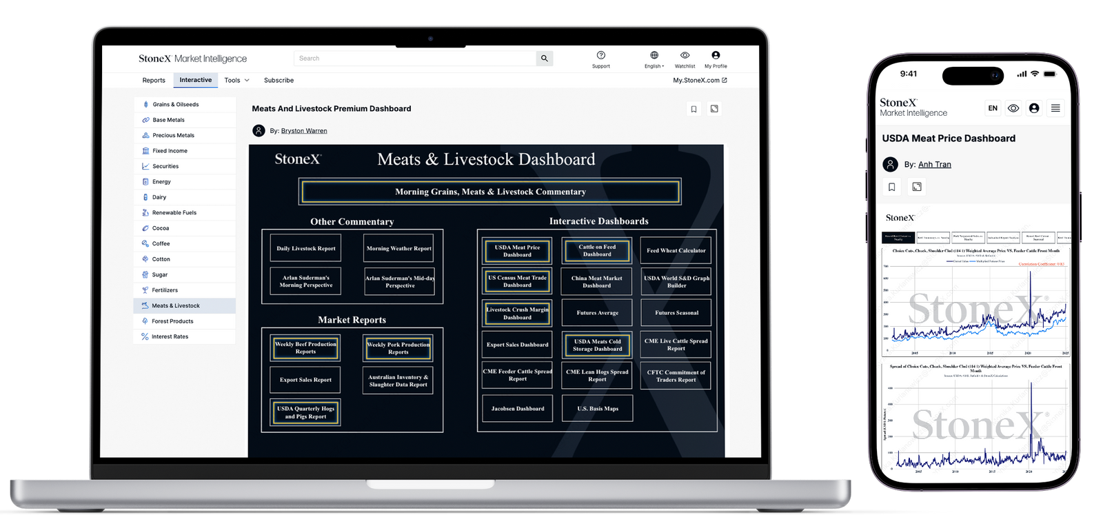 User interface showing a meats and livestock market dashboard on a laptop with categorized sections for commentary, market reports, and interactive charts, alongside a smartphone displaying USDA meat price trends, branded with StoneX Market Intelligence and Market Reports Subscriptions for expert insights and exclusive market analysis.