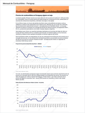 Page from Combustibles Premium - Brasil presenting detailed analysis of Paraguay’s fuel prices with projected Brent crude oil trends, diesel price index charts, and commentary on supply factors, featuring Market Reports Subscriptions with expert insights and exclusive market analysis. - report example 12