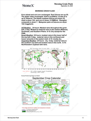 Grains by Bevan Everett - Market Reports Subscription featuring a detailed report page with global precipitation anomalies, crop calendar maps, and expert commodity market insights for informed decisions. - report example 1