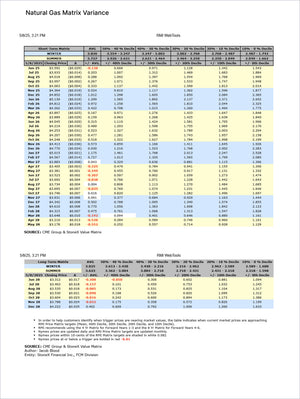 Energy Pro - Market Reports Subscription showing natural gas matrix variance data comparing short-term and long-term price averages and deciles with trigger price highlights. Market Reports Subscriptions. Expert insights and exclusive market analysis. - report example 11