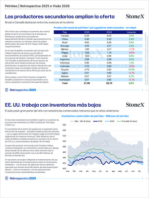 Page from Combustibles Premium - Brasil showing 2025 and 2026 petroleum market retrospective and outlook, with analysis of secondary producer supply expansion, U.S. crude inventories trends, and detailed production data, featuring Market Reports Subscriptions with expert insights and exclusive market analysis. - report example 16
