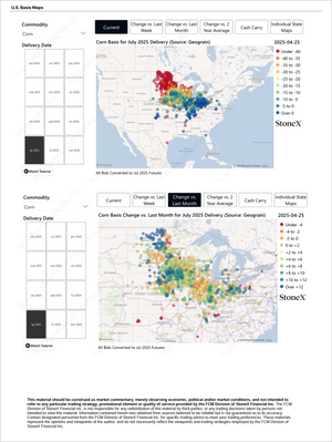 StoneX Essential Bundle - Market Reports Subscription featuring detailed U.S. corn basis maps for July 2025 delivery with color-coded regional price changes and market trends. Market Reports Subscriptions. Expert insights and exclusive market analysis. - report example 4