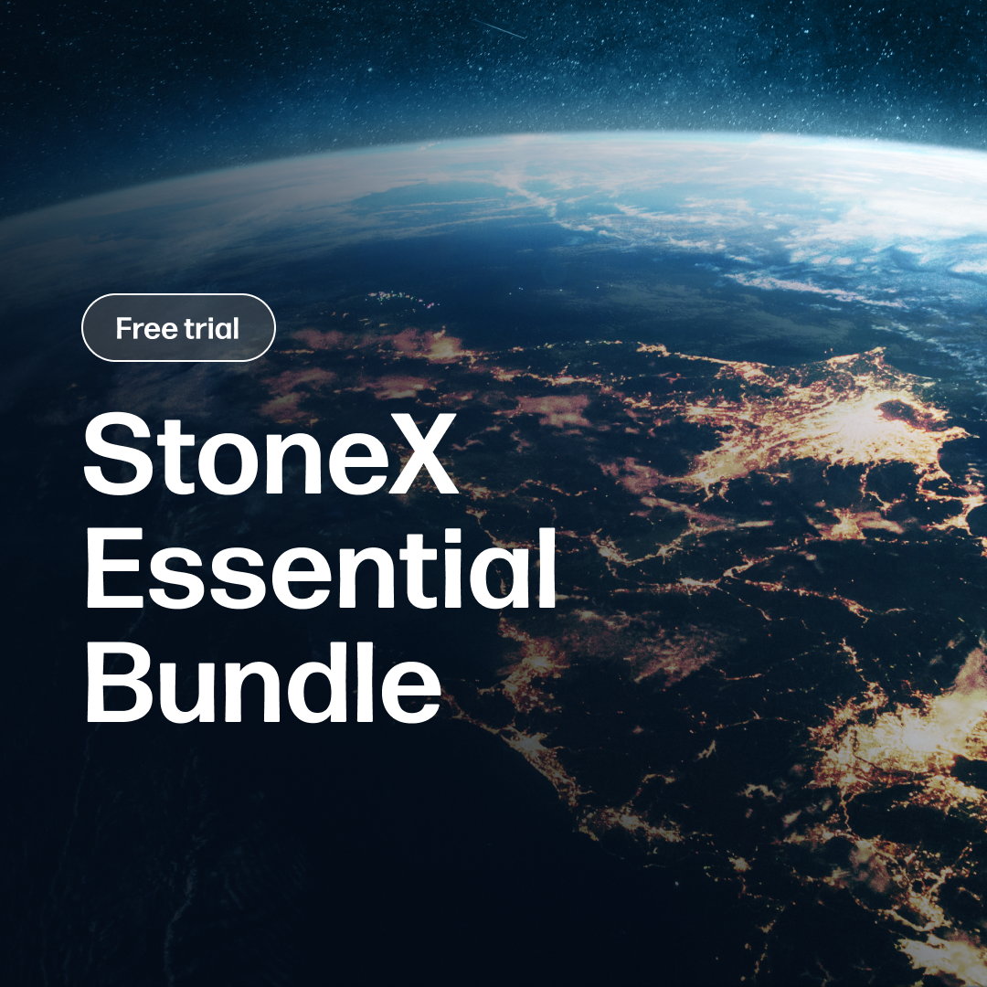 Nighttime satellite view of Earth highlighting illuminated regions, symbolizing global market insights and comprehensive commodity analysis for the StoneX Essential Bundle - Market Reports Subscription.