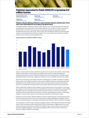 Page detailing Pakistan’s sugar production forecast for 2024/25 with a bar chart showing trends since 2014/15, highlighting domestic demand, supply challenges, and expert insights from the Sugar and Ethanol - Market Reports Subscription. - report example 18