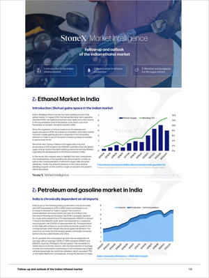 Page from the Sugar - Market Reports Subscription presenting detailed analysis of the Indian ethanol and petroleum markets with supply and demand charts, expert insights, and exclusive market analysis on biofuel gains and energy imports trends. - report example 27