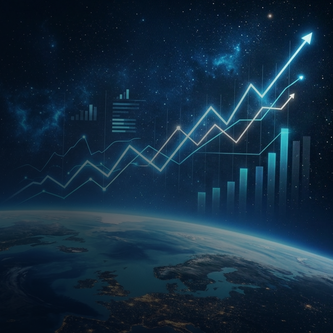 Digital illustration showing rising line and bar graphs superimposed over a view of Earth from space at night, symbolizing global market trends and data-driven insights.