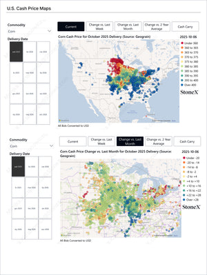 Grains Premium - Market Reports Subscription displaying U.S. regional corn cash price maps with detailed color-coded pricing and monthly change data, providing expert insights and exclusive market analysis by Market Reports Subscriptions. - report example 22