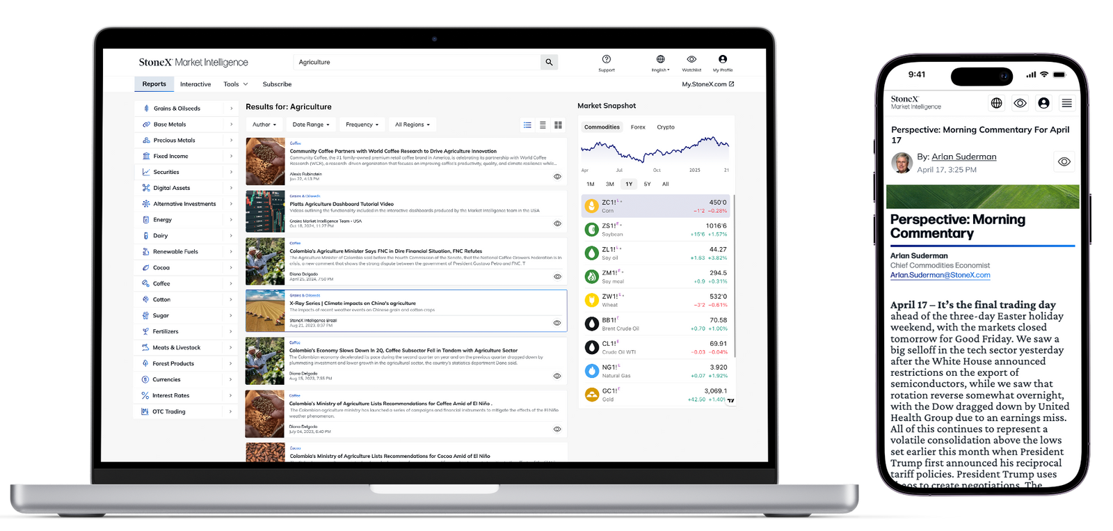 Laptop and smartphone screens displaying the StoneX Market Intelligence platform featuring agricultural market bulletins, price trends, and expert commentary on a clean white interface.