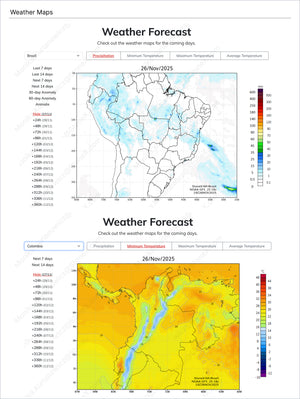 Cocoa Premium - Market Reports Subscription featuring detailed weather forecast maps for Brazil and Colombia with precipitation and temperature data to support market intelligence. Market Reports Subscriptions. Expert insights and exclusive market analysis. - report example 13