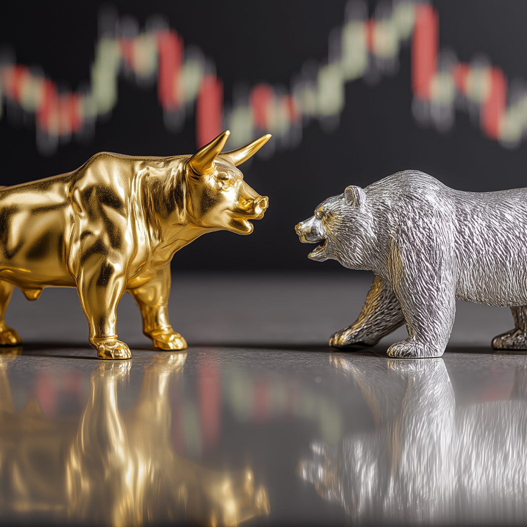 Metallic gold bull and silver bear figurines face each other on a reflective surface with a blurred stock market candlestick chart in the background, illustrating market trends, expert insights, and exclusive market analysis for Market Reports Subscriptions.