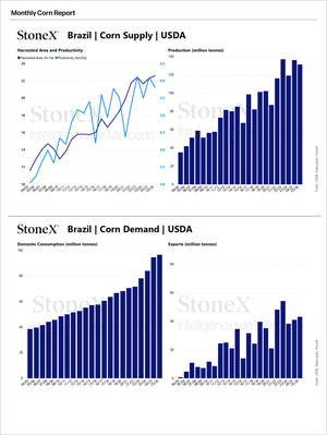 Grains Brazil - Market Reports Subscription featuring detailed graphical analysis of Brazil’s corn supply and demand with USDA data on harvested area, productivity, production, domestic consumption, and exports, providing expert insights and exclusive market analysis. - report example 11