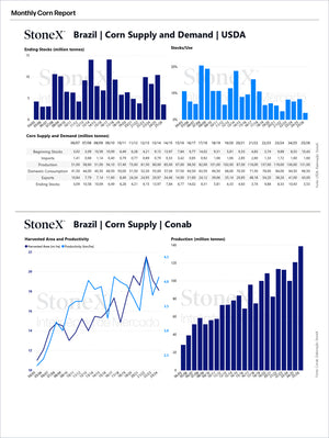 Grains Brazil - Market Reports Subscription featuring detailed charts and data tables on Brazil’s corn supply, demand, harvested area, productivity, and production trends with expert insights and exclusive market analysis. - report example 12