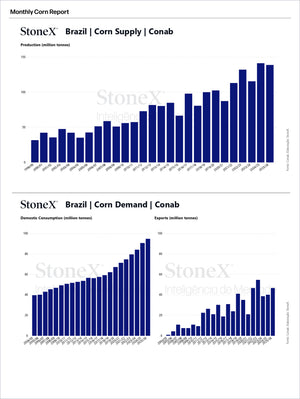 Grains Brazil - Market Reports Subscription featuring detailed bar charts on Brazil’s corn production, domestic consumption, and export trends with expert insights and exclusive market analysis. - report example 13
