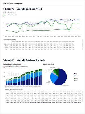 Grains Brazil - Market Reports Subscription displaying detailed soybean yield trends by country with charts and tables on global production and export volumes, providing expert insights and exclusive market analysis. - report example 22