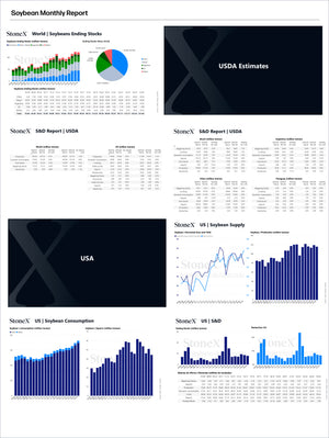 Grains Brazil - Market Reports Subscription showing a comprehensive soybean monthly analysis with global ending stocks, USDA estimates, US supply and consumption data, detailed charts, and expert insights with exclusive market analysis. - report example 24